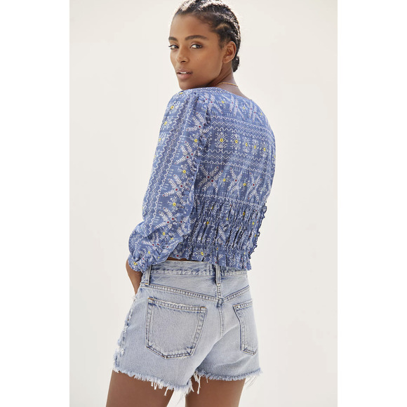 NEW Anthropologie Embroidered Smocked Blue Blouse - Size: Small - Picture 3 of 7